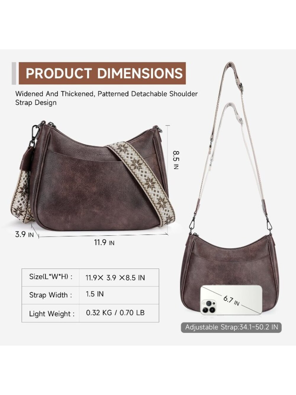 👜Women's Taupe Leather Crossbody Purse Shoulder Bag Wide Strap Travel - Picture 6 of 6